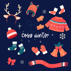 cosy set of winter accessories, clothes. Jumper,