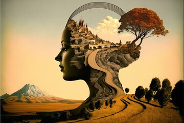 Fantasy landscape with woman and  techno nature