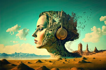 Fantasy landscape with woman with headphones listening music