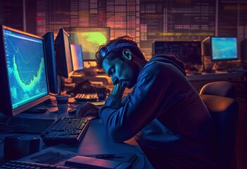 Fototapeta premium Young man playing video game on computer lose and stress. Male streamer sitting at home and playing another game.