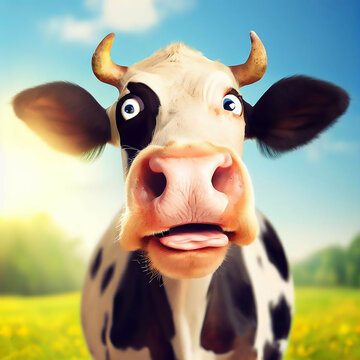 A funny, surprised cow with a goofy expression, enjoying a sunny day in a lush meadow.