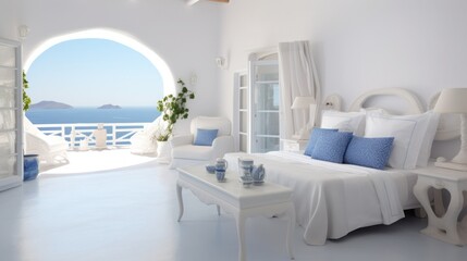 A whitewashed room with a private terrace showcasing the caldera and the sparkling aegean sea, Santorini, Greece, Copy space, Concept: Travel the world, 16:9 - obrazy, fototapety, plakaty