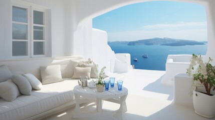 Naklejka premium A whitewashed room with a private terrace showcasing the caldera and the sparkling aegean sea, Santorini, Greece, Copy space, Concept: Travel the world, 16:9