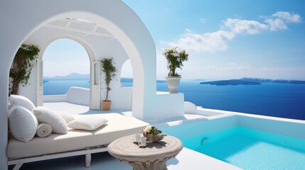 Obraz na płótnie Canvas A whitewashed room with a private terrace showcasing the caldera and the sparkling aegean sea, Santorini, Greece, Copy space, Concept: Travel the world, 16:9