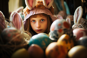 Peekaboo Bunny Girl: Young Girl with Rabbit Ears Surrounded by Easter Eggs - Perfect for Easter Celebrations and Spring Campaigns