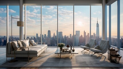 A minimalist loft room with floor - to - ceiling windows offering a panoramic view of the iconic manhattan skyline, USA, New York, Copy space, Concept: Travel the World, 16:9 - obrazy, fototapety, plakaty
