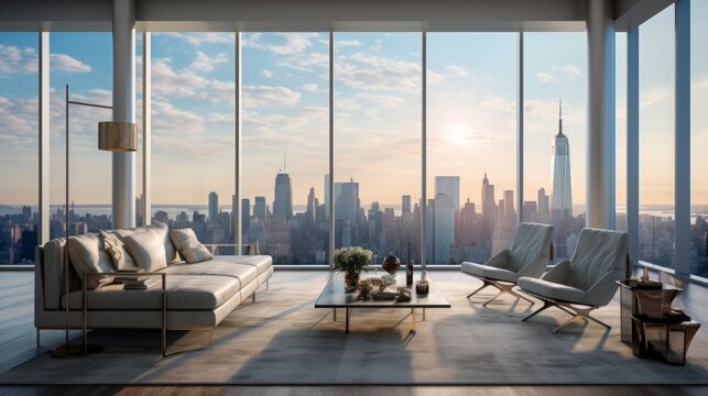 A minimalist loft room with floor - to - ceiling windows offering a panoramic view of the iconic manhattan skyline, USA, New York, Copy space, Concept: Travel the World, 16:9