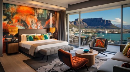 A contemporary room with a wide balcony showcasing table mountain, South Africa, 16:9, Concept: Travel the world