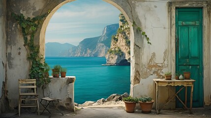 A room with a rustic charm, featuring a large window framing the dramatic amalfi coastline and turquoise waters in Italy, 16:9, Concept: Travel the World