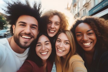 Fototapeta premium Multicultural group of friends taking selfie picture outside, Happy young people smiling at camera together. Friendship concept in city street. generative AI