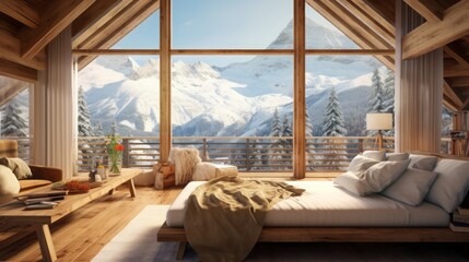 A chalet style room with wooden accentss and a balcony framing the snow-capped mountains and pristine valleys, travel concept, Switzerland, 16:9 - obrazy, fototapety, plakaty