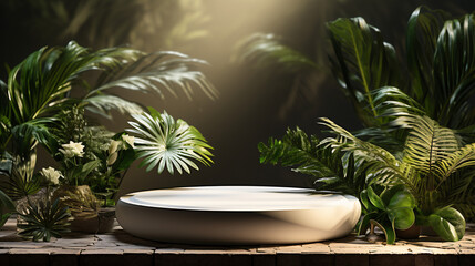Empty stone round podium in green tropical garden with copy space for product display, copy space