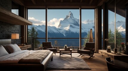 A chalet style room with wooden accentss and a balcony framing the snow-capped mountains and pristine valleys, travel concept, Switzerland, 16:9