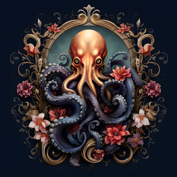 Octopus in an ornate frame dark art illustration isolated on black