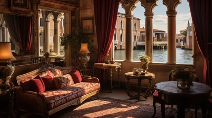 Fotobehang Gondels An elegant room with venetian style decor, featuring a window overlooking the winding canal, Italy, Venice, 16:9