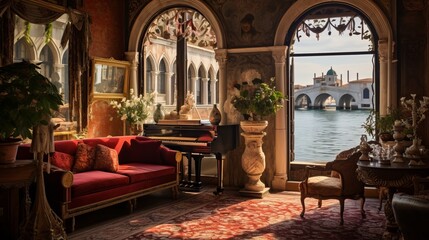 An elegant room with venetian style decor, featuring a window overlooking the winding canal, Italy, Venice, 16:9