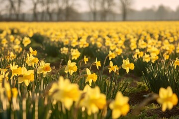 Obraz premium A vibrant field of yellow flowers with majestic trees in the backdrop
