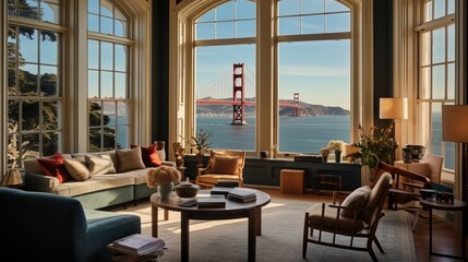 A room with bay windows capturing views of the iconic golden gate bridge, San Francisco, 16:9 - obrazy, fototapety, plakaty