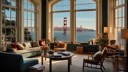 Fotobehang A room with bay windows capturing views of the iconic golden gate bridge, San Francisco, 16:9 © Christian