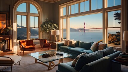 A room with bay windows capturing views of the iconic golden gate bridge, San Francisco, 16:9