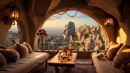 A cave inspired room with a balcony offering panoramic vistas of the unique rock formations, cappadocia, turkey, 16:9 - obrazy, fototapety, plakaty