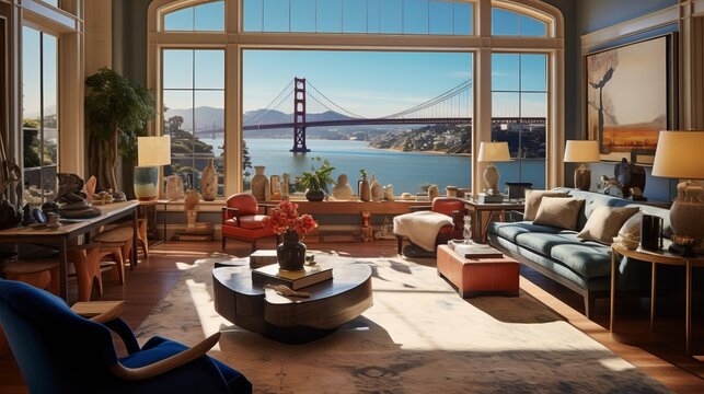 A room with bay windows capturing views of the iconic golden gate bridge, San Francisco, 16:9