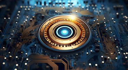 a close up of a light shining onto an electronic circuit board, in the style of gold and azure, photorealistic eye, circular abstraction, security camera, dark gold and dark aquamarine, exacting preci