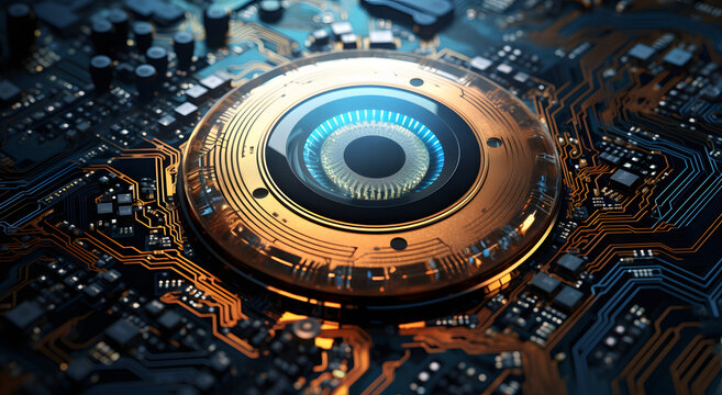 an image of an electronic circuit board, in the style of photorealistic eye, gold and aquamarine, circular abstraction, vray tracing, security camera, shaped canvas, industrial machinery aesthetic