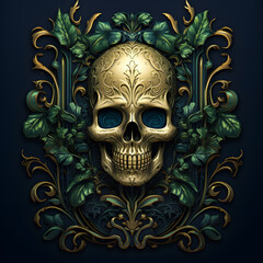 Skull with flower in an ornate frame with leaves