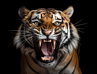 Portrait eines zähnefletschenden, fauchenden Tigers vor schwarzem Hintergrund, erstellt mit generativer KI