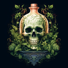 Skull with a wicked potion bottle in an ornate frame tattoo design dark art illustration isolated on black