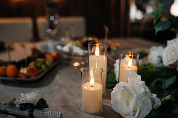 wedding, festive table, glasses, bottles of champagne and alcoholic cocktails	
