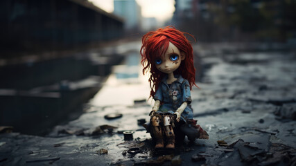 Unusual toy doll with gorgeous vivid red ginger hair that fell into hardship, outcast and homeless, alone in the city streets, sad and neglected but keeping strong and enduring - generative AI