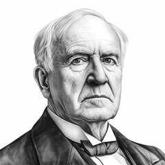Black and white vintage engraving, headshot portrait of Thomas Alva Edison isolated against a white background, greyscale - Generative AI - obrazy, fototapety, plakaty
