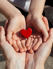 Child holds a heart in his palms. 
Children's hands in the hands of their parents. Protection of children and childhood. Child care. Children with heart disease.