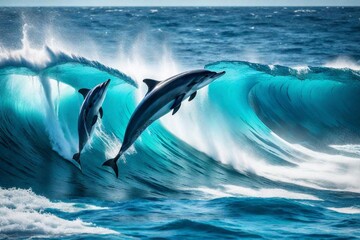 Naklejka premium Playful Dolphins Leaping Amidst Crashing Waves
