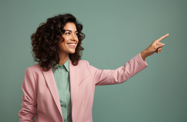 portrait young beautiful woman happy smiling and pointing towards camera with right finger in her hand