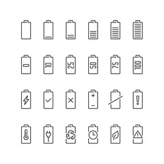 Vector line set of icons related with battery. Contains monochrome icons like accumulator, power, charge, energy, electricity and more. Simple outline sign.
