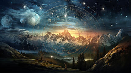 montanhas Zodíaco, Fantasia Astrologia - obrazy, fototapety, plakaty
