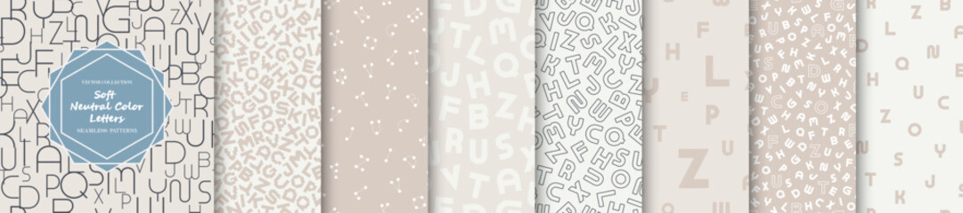 Collection of stylish seamless patterns with letters. Delicate color minimalistic prints. Beige modern alphabet backgrounds © ExpressVectors