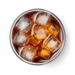 Top View of Glass with Soft Soda Drink and Ice Cubes Isolated on White Background. Generative ai