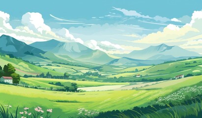A farmland illustration with the mountains in the background
