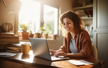 young female entrepreneur with laptop and smiling stock photo