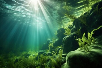 Kelp growling in the ocean under the sunlight or on the surface of the water - obrazy, fototapety, plakaty