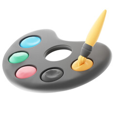 Colour palette and paintbrush on isolated white background, student and education icon. 3d render illustration