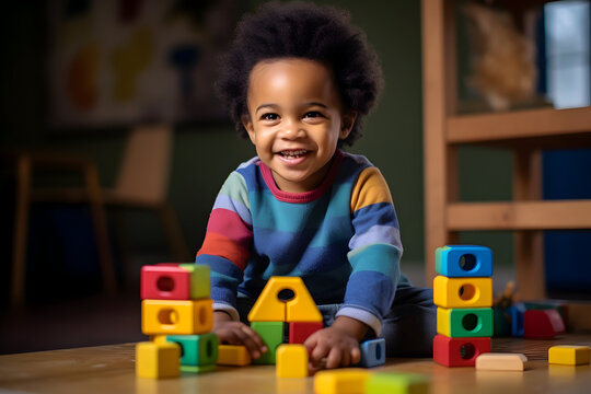 Exploring Creativity A Lifestyle Photograph Capturing a Young African American Toddler's Joyful Playtime with Colorful Wooden Blocks