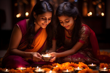 Diwali Devotion An Indian Mother and Daughter Engaged in Prayer Ceremonies and Puja, Embracing the Spirit of the Festival Happy Diwali day