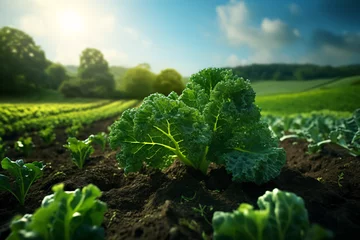 Crédence de cuisine en verre imprimé Herbe cultivated Kale vegetable field, earth day concept