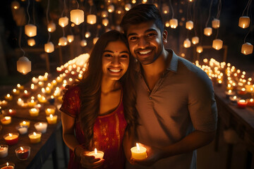 Obraz na płótnie Canvas Diwali Delight A Smiling Young Indian Married Couple Joyfully Celebrating the Festival of Lights Together Happy Diwali day