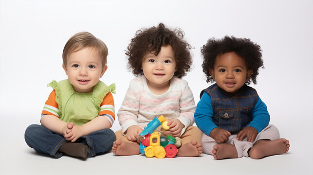 Generative ai three preschooler mixed race toddler posing isolated background having fun